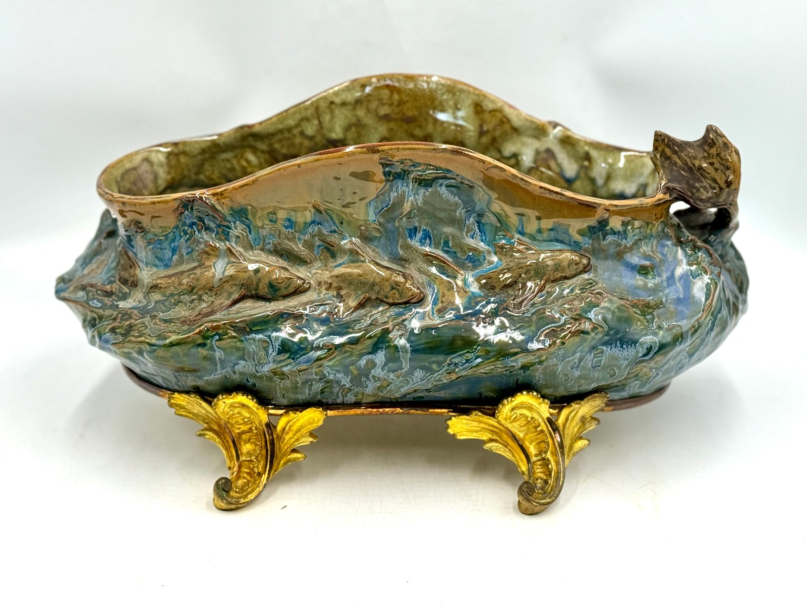 Planter with Newt Swimming Among Fish on a Bronze and Gilded Brass Base, Late 19th Century