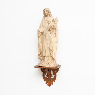 Plaster Virgin Traditional Figure in a Wooden Altar, 1940s-WM-1161629