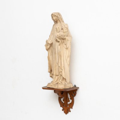 Plaster Virgin Traditional Figure in a Wooden Altar, 1940s-WM-1161629