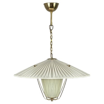 Pleated Cream Fabric, Enameled Glass & Brass Pendant, Austria, 1950s-OE-2028675