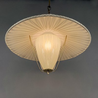 Pleated Cream Fabric, Enameled Glass & Brass Pendant, Austria, 1950s-OE-2028675