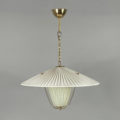 Pleated Cream Fabric, Enameled Glass & Brass Pendant, Austria, 1950s-OE-2028675