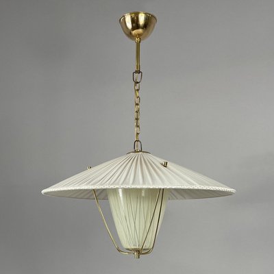 Pleated Cream Fabric, Enameled Glass & Brass Pendant, Austria, 1950s-OE-2028675