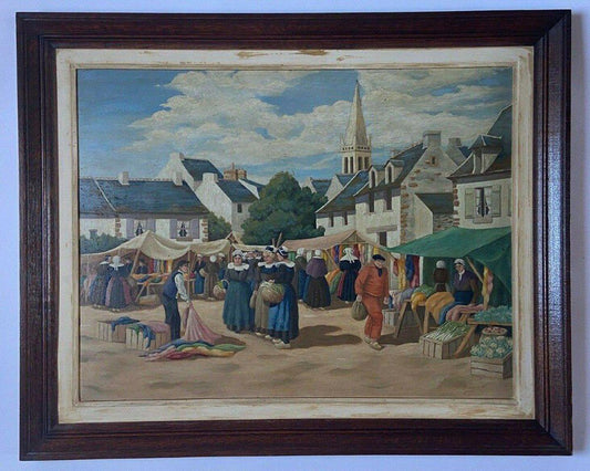 Pluchon, Marché Breton Church, 1947, Oil on Panel, Framed