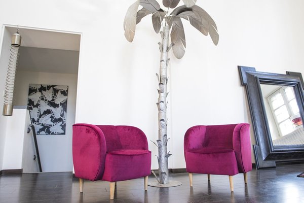 Plum Velvet Lounge Chairs with Maple Cone Feet from ISA Bergamo, 1950s, Set of 2-KY-887972