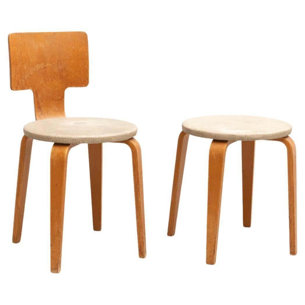 Plywood and Upholstery Chair and Stools attributed to Cor (Cornelius Louis) Alons for Den Boer, Set of 2