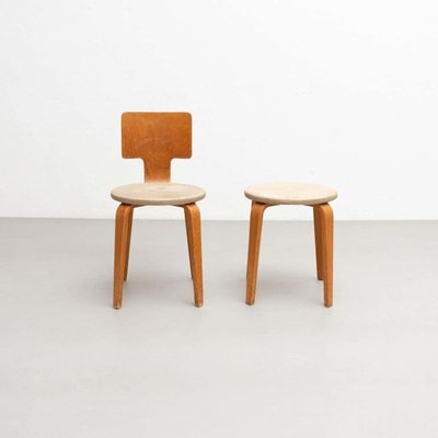 Plywood and Upholstery Chair and Stools attributed to Cor (Cornelius Louis) Alons for Den Boer, Set of 2-WM-1411290