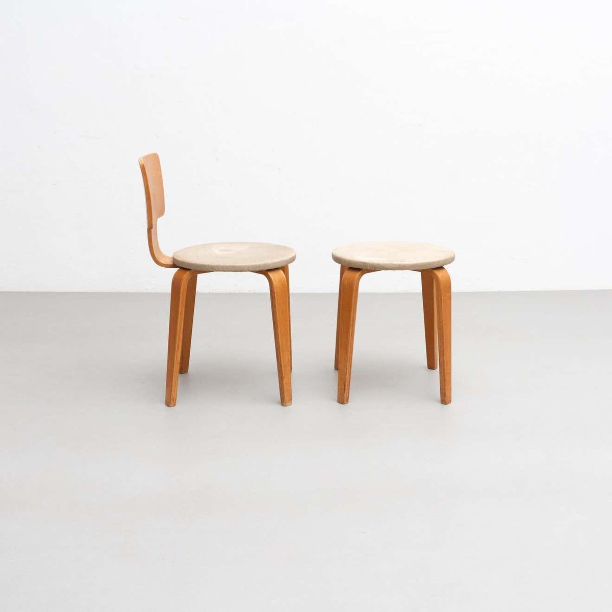 Plywood and Upholstery Chair and Stools attributed to Cor (Cornelius Louis) Alons for Den Boer, Set of 2