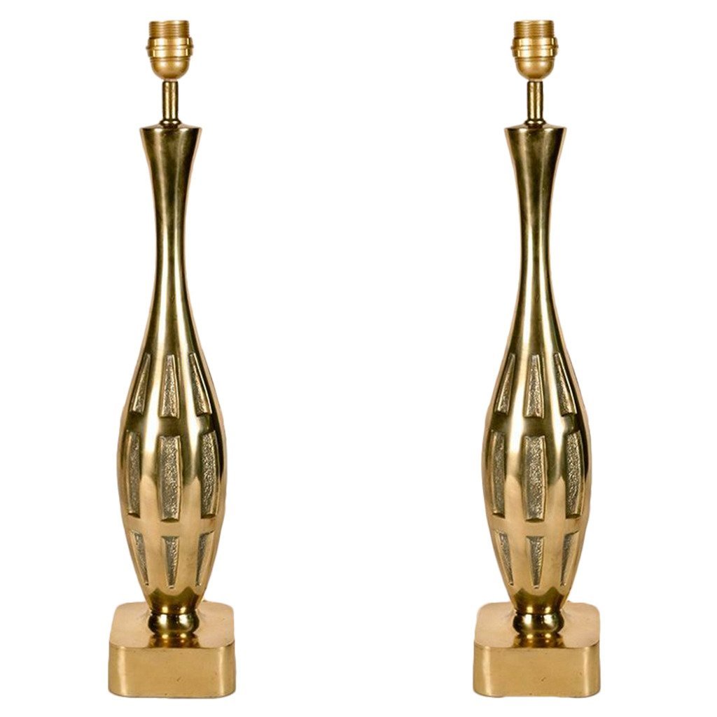 Polished Brass Table Lamps, 1950s, Set of 2