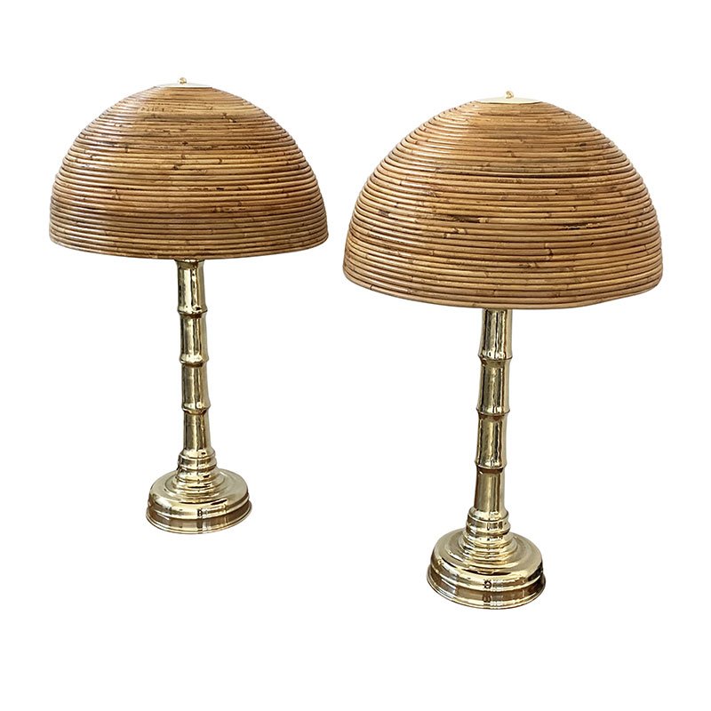 Polished Brass Table Lamps and Bamboo Diffuser, 1980s, Set of 2