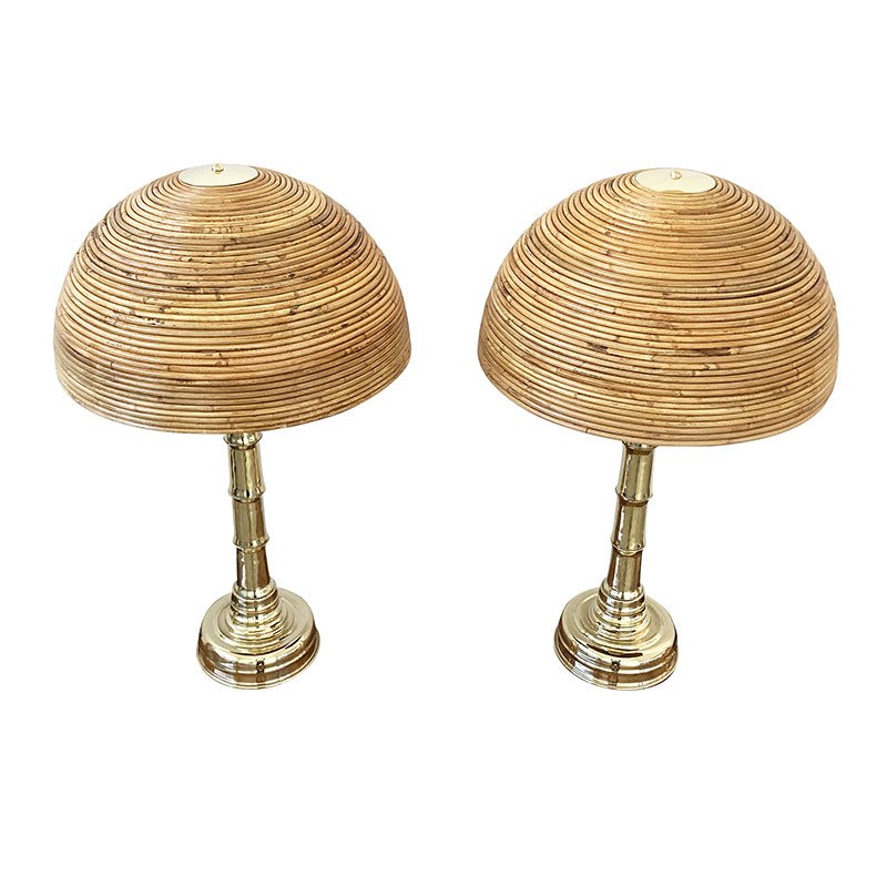 Polished Brass Table Lamps and Bamboo Diffuser, 1980s, Set of 2