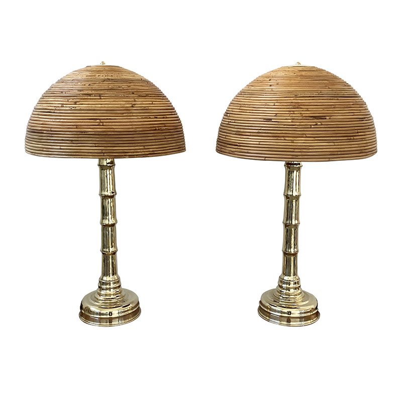 Polished Brass Table Lamps and Bamboo Diffuser, 1980s, Set of 2