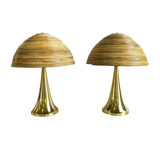 Polished Brass Table Lamps in Bamboo, 1980s, Set of 2