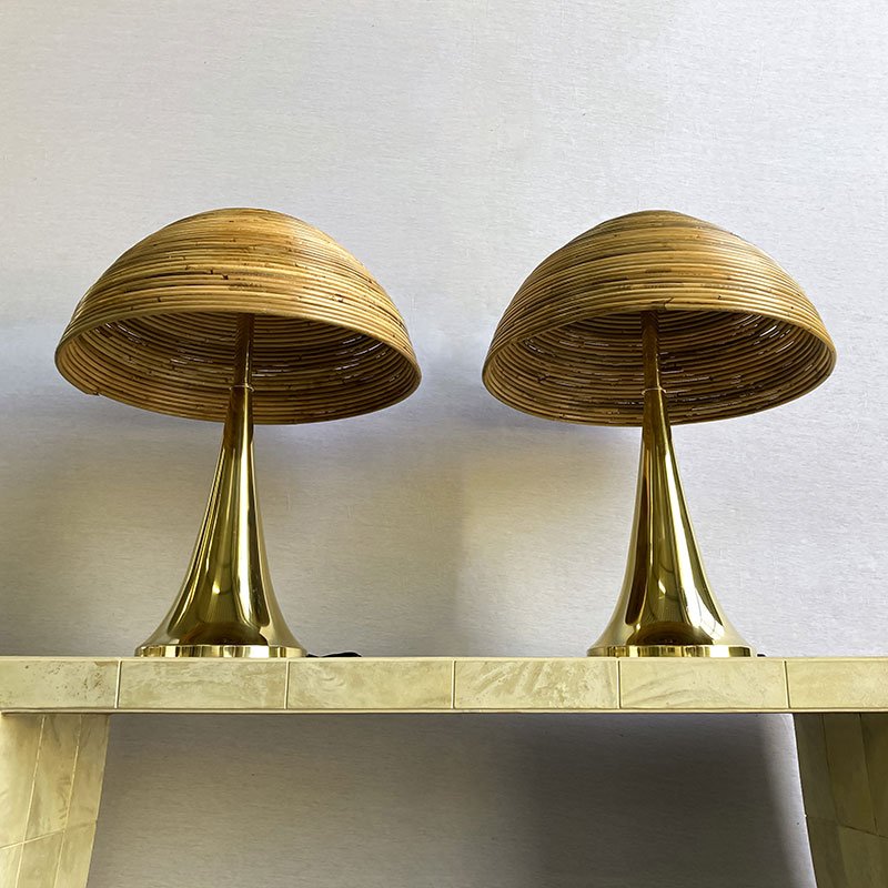 Polished Brass Table Lamps in Bamboo, 1980s, Set of 2