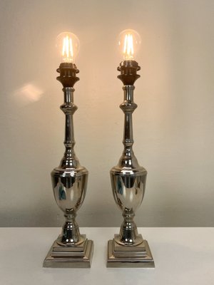 Polished Nickel Urn Shape Shining Silver Table Lamps, 1990s, Set of 2-WZZ-1742431