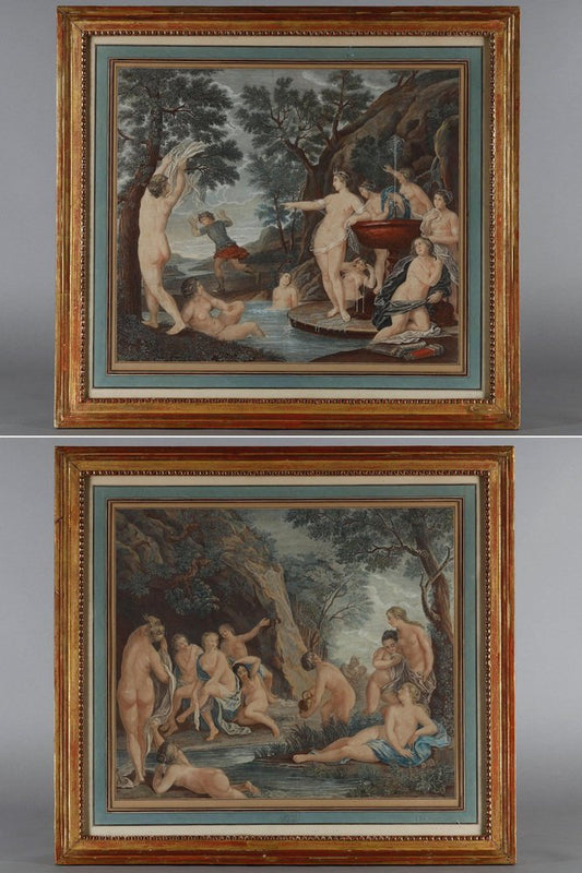 Polychrome Engravings in the style of Francesco Albani, 1780, Set of 2