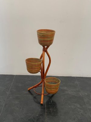 Polychrome Wicker and Bamboo Vase Holder Tripods, 1970s-IJR-1382795