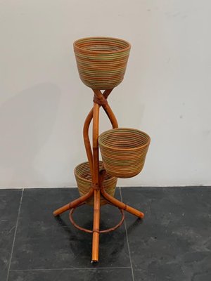 Polychrome Wicker and Bamboo Vase Holder Tripods, 1970s-IJR-1382795