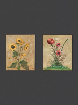 Poppy and Sunflowers, 1960s, Oil Paintings on Plate, Framed, Set of 2-GPP-1126468