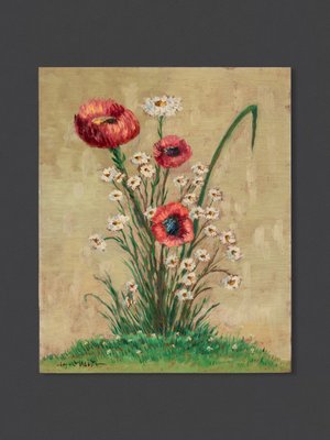 Poppy and Sunflowers, 1960s, Oil Paintings on Plate, Framed, Set of 2-GPP-1126468