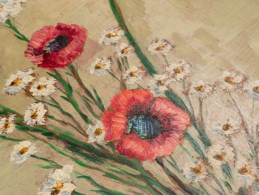 Poppy and Sunflowers, 1960s, Oil Paintings on Plate, Framed, Set of 2-GPP-1126468