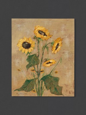 Poppy and Sunflowers, 1960s, Oil Paintings on Plate, Framed, Set of 2-GPP-1126468