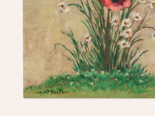 Poppy and Sunflowers, 1960s, Oil Paintings on Plate, Framed, Set of 2-GPP-1126468