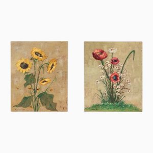 Poppy and Sunflowers, 1960s, Oil Paintings on Plate, Framed, Set of 2-GPP-1126468