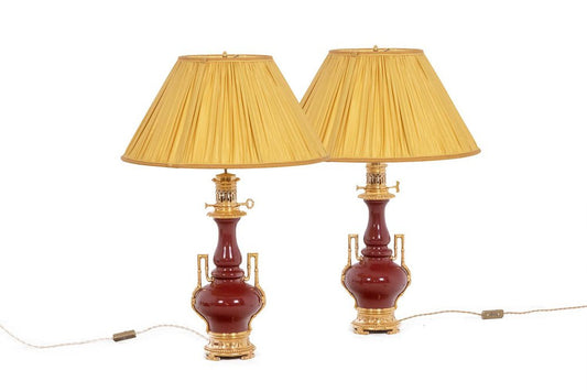 Porcelain and Gilded Bronze Sang-De-Boeuf Table Lamps, 1880s, Set of 2