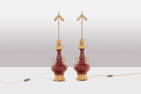 Porcelain and Gilded Bronze Sang-De-Boeuf Table Lamps, 1880s, Set of 2-CEJ-1807405