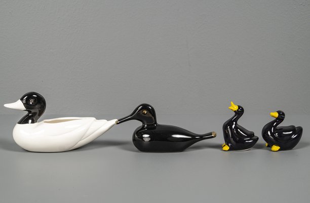 Porcelain Ducks in Black & White, 1970s, Set of 4-VLO-1286929