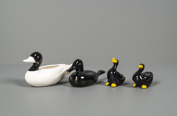 Porcelain Ducks in Black & White, 1970s, Set of 4-VLO-1286929