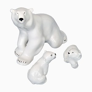 Porcelain Polar Bear and Cubs Sculptures from Lomonosov, 1960s, Set of 3-YGE-703530