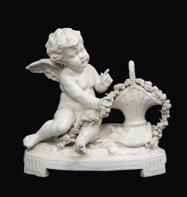 Porcelain Sculpture Depicting Putto with Basket of Flowers from Capodimonte, 20th Century-KKK-1822413