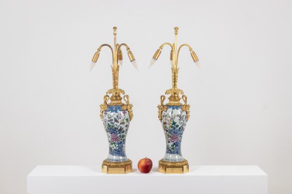 Porcelain Table Lamps Decorated with Bronze Satyrs, 1880s, Set of 2-CEJ-2032771