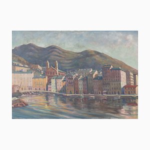 Port Scene with Fishing Boats and Mountains, 1940s, Oil on Board-AOI-1106978