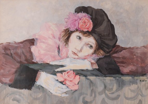 Portrait of a Lady with a Rose, 20th-Century, Watercolor on Paper, Framed-AOI-1255007