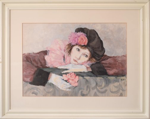 Portrait of a Lady with a Rose, 20th-Century, Watercolor on Paper, Framed-AOI-1255007