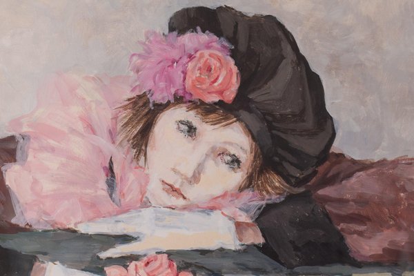 Portrait of a Lady with a Rose, 20th-Century, Watercolor on Paper, Framed-AOI-1255007