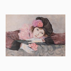 Portrait of a Lady with a Rose, 20th-Century, Watercolor on Paper, Framed-AOI-1255007