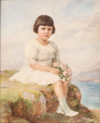 Portrait of Child with Flowers in Hands - Original Miniature Painting by A. Noci 1909-ZCI-756285