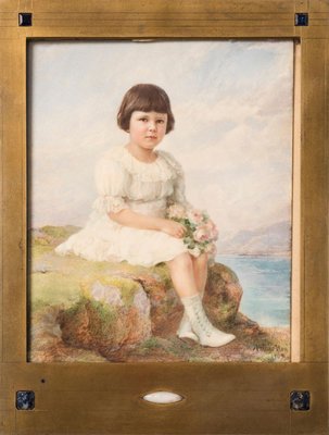 Portrait of Child with Flowers in Hands - Original Miniature Painting by A. Noci 1909-ZCI-756285