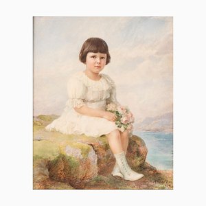 Portrait of Child with Flowers in Hands - Original Miniature Painting by A. Noci 1909-ZCI-756285