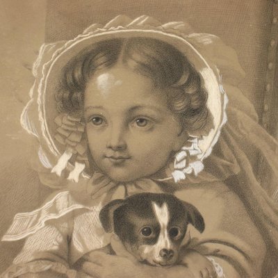 Portrait of Little Girl with Little Dog, Pencil and Charcoal-VMM-1048187