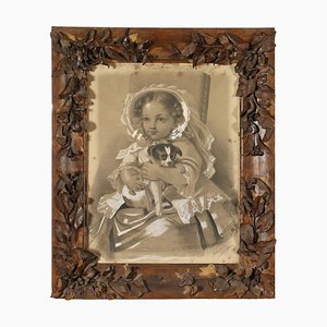 Portrait of Little Girl with Little Dog, Pencil and Charcoal-VMM-1048187