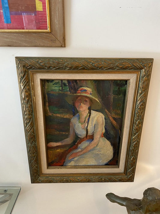 Portrait of Woman in Hat, Painting, Framed