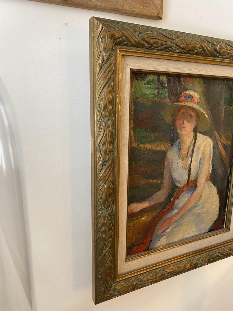 Portrait of Woman in Hat, Painting, Framed