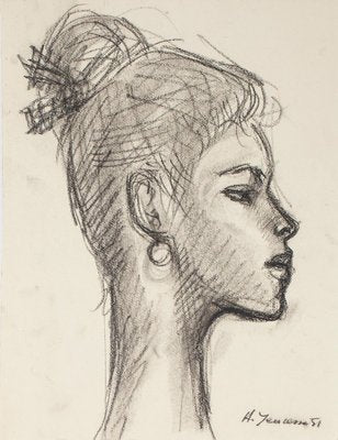 Portrait of Woman - Pencil and Charcoal Drawing by H. Yencesse - 1951 1951-ZCI-758338