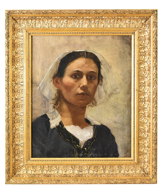 Portrait of Young Breton Girl, Oil Painting on Canvas, 19th Century, Framed