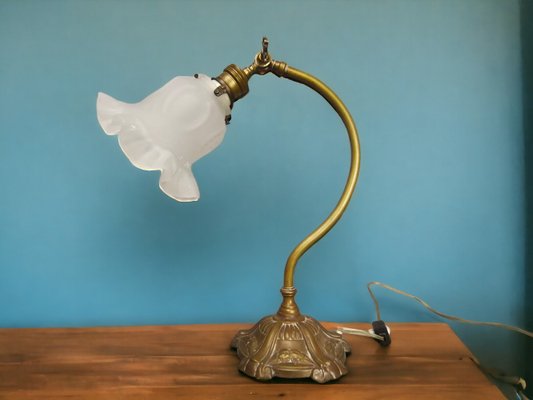 Portuguese Art Nouveau Style Brass Swan Neck Table Lamp with Adjustable Frosted Glass Tulip Shade-SCS-1748754